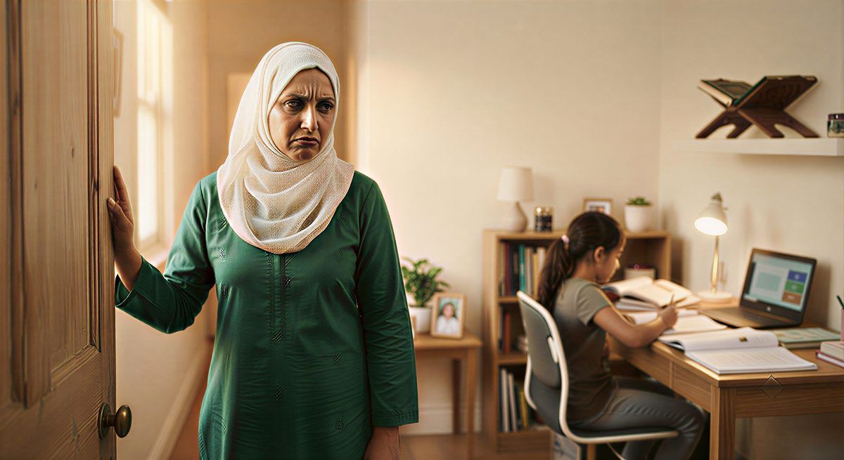 A mother stands in a doorway watching her child do homework, quietly worried about their Quran education.