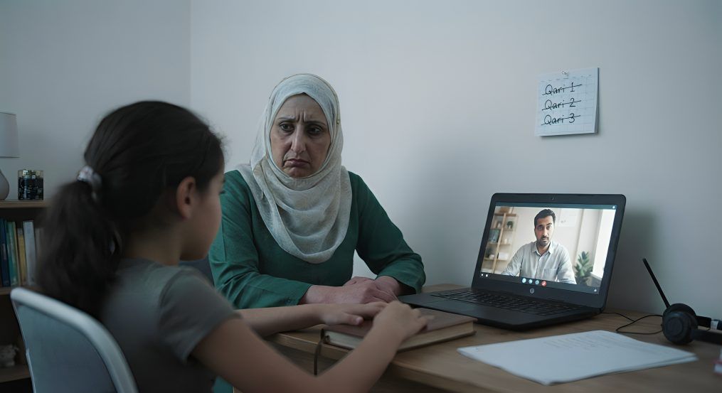 A mother and child sit at a desk, disengaged, with a wall note showing three crossed-out Qari names from a rotating-tutor academy.