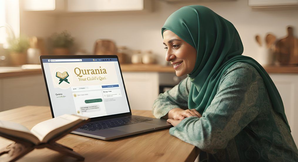 A mother smiling at her laptop, having just found the Qurania Facebook page.