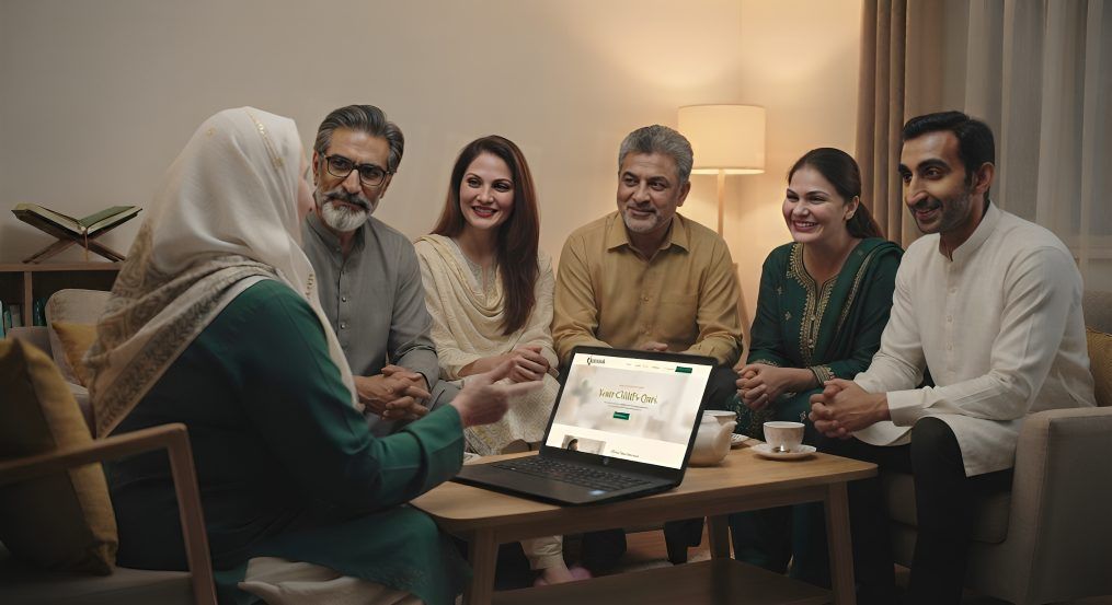 The mother sharing the Qurania website with her husband and family friends over tea, everyone leaning in with interest.